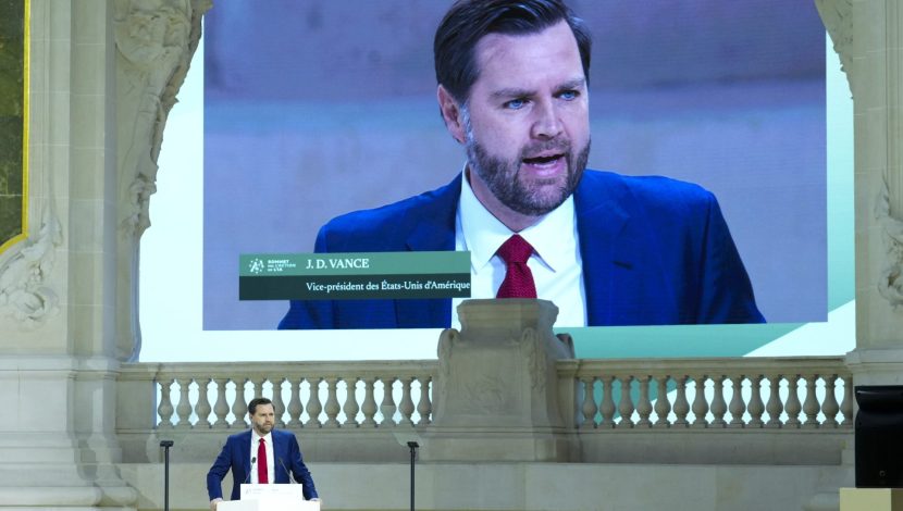 United States Vice-President JD Vance delivers a speech during the Artificial Intelligence Action Summit at the Grand Palais in Paris, France, Tuesday, Feb. 11, 2025. (Sean Kilpatrick/The Canadian Press via AP) Associated Press / LaPresse Only italy and Spain