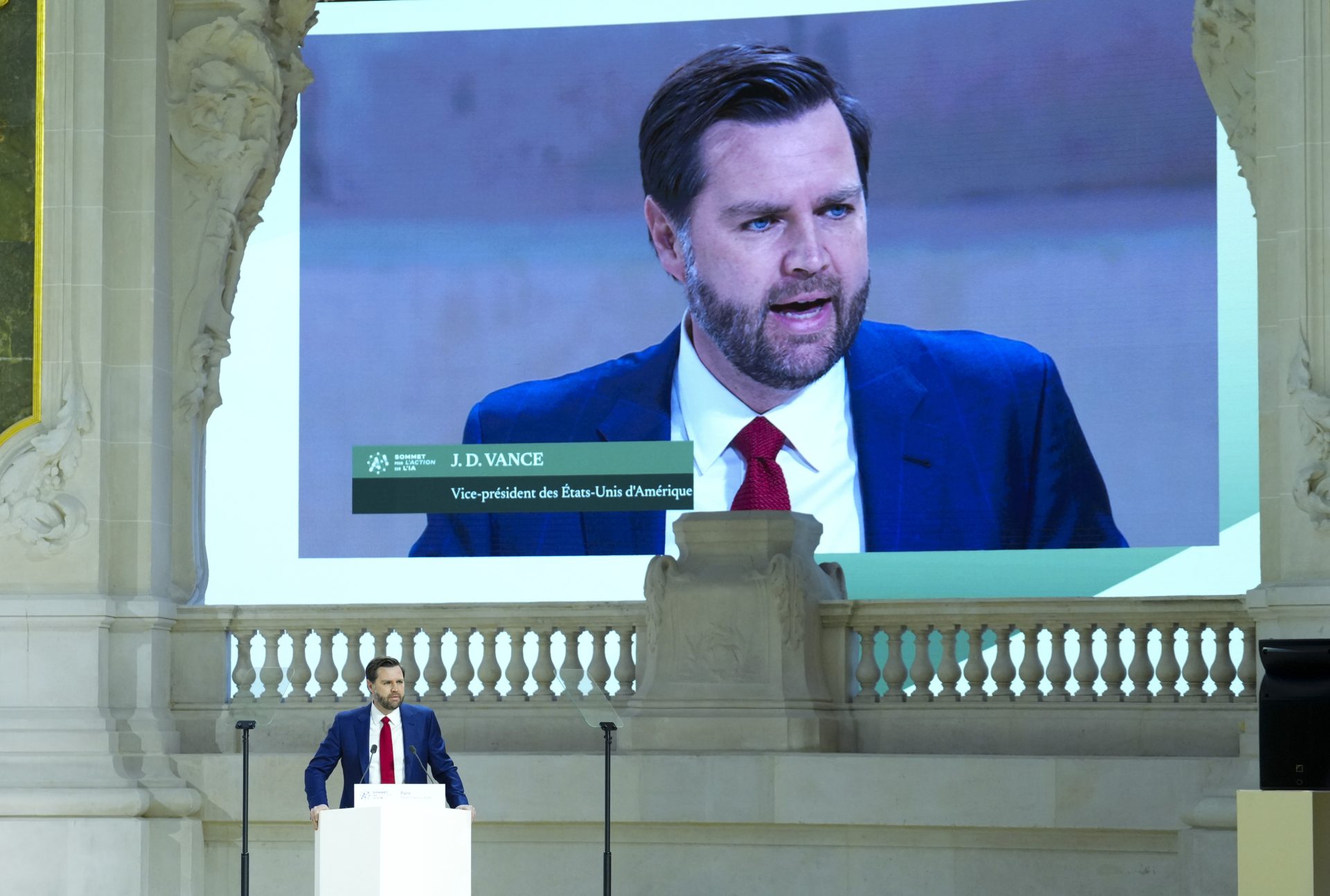 United States Vice-President JD Vance delivers a speech during the Artificial Intelligence Action Summit at the Grand Palais in Paris, France, Tuesday, Feb. 11, 2025. (Sean Kilpatrick/The Canadian Press via AP) Associated Press / LaPresse Only italy and Spain